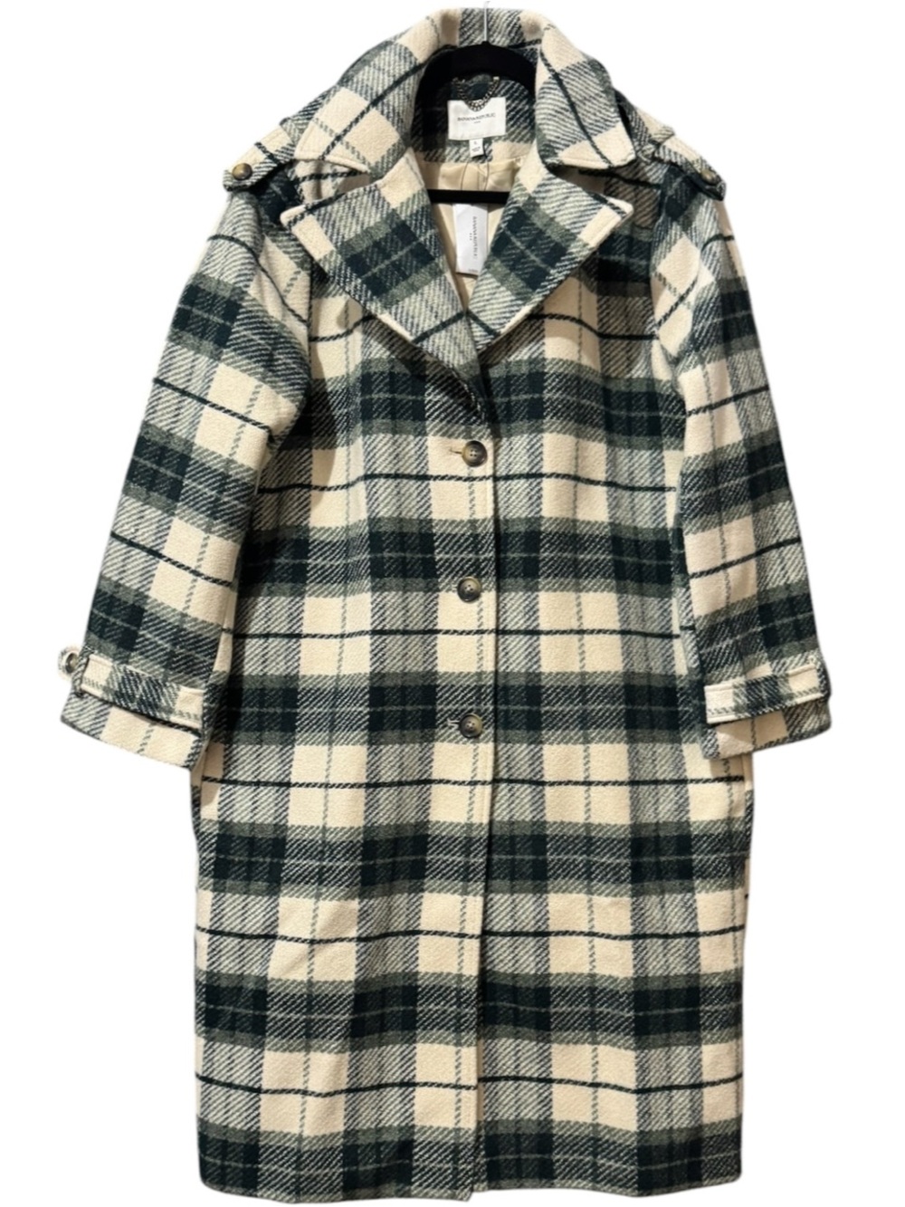 Banana Republic Women’s Plaid Long Wool Blend Coat Green Ivory Check Coat Large - Picture 2 of 7